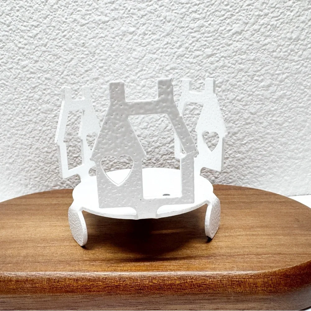 Cast Metal Cutout House Hammered Enamel Candle Holders